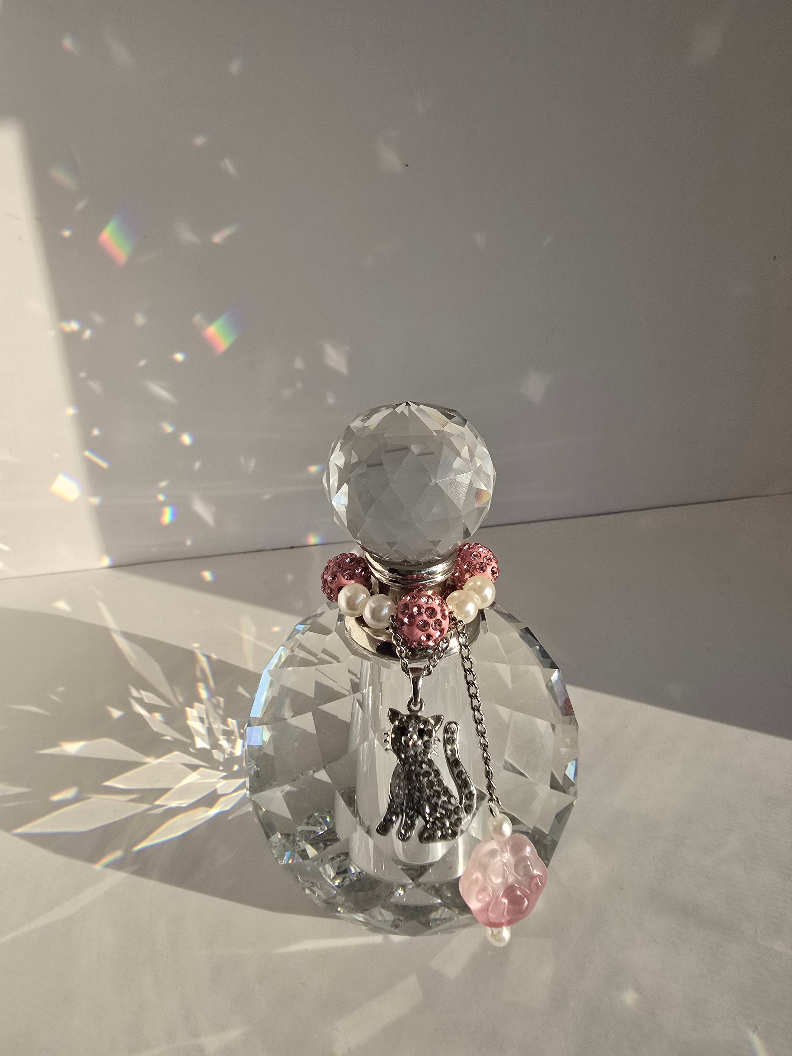 Pink Crystal Cat Memorial Urn with Glitter Kitty Charm