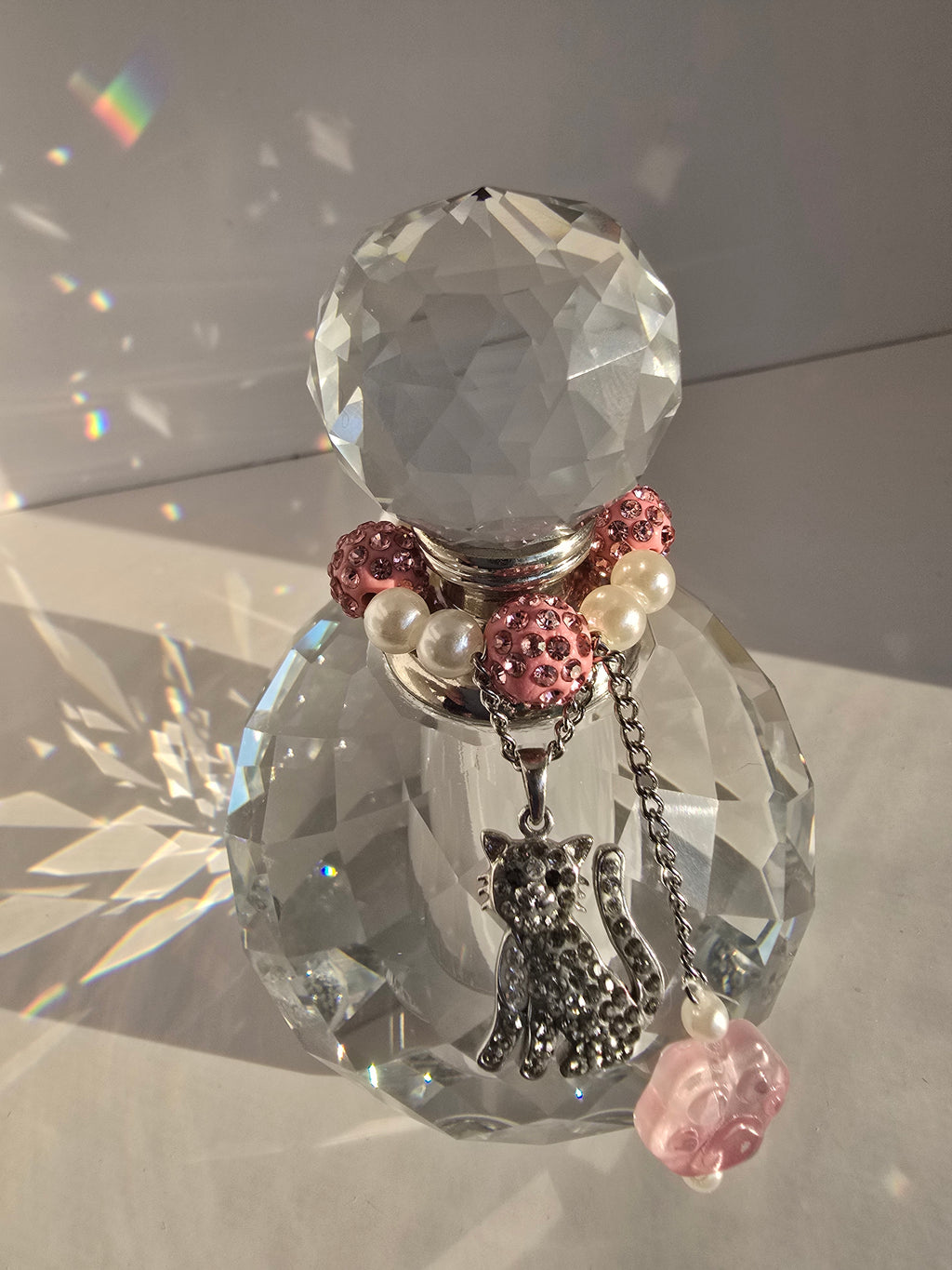 Pink Crystal Cat Memorial Urn with Glitter Kitty Charm