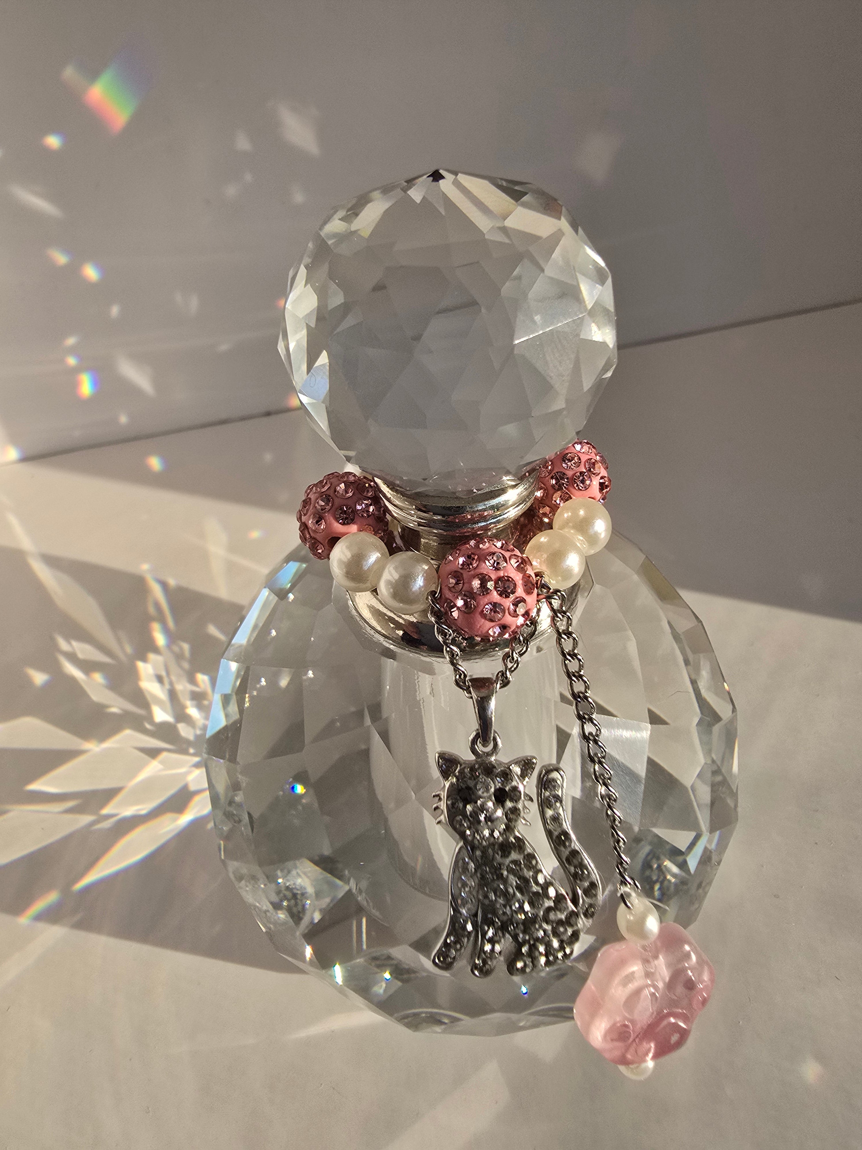 Pink Crystal Cat Memorial Urn with Glitter Kitty Charm