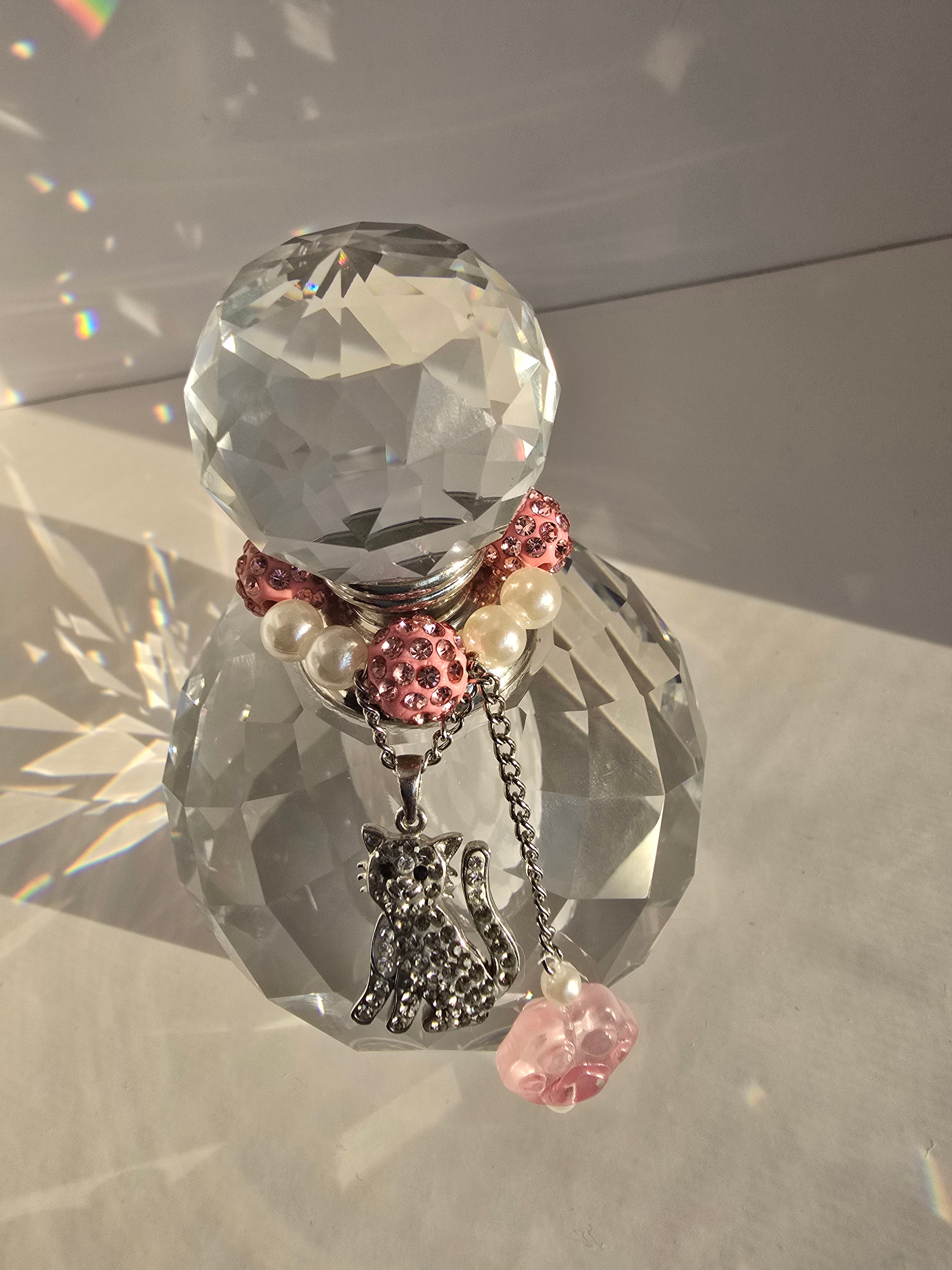 Pink Crystal Cat Memorial Urn with Glitter Kitty Charm