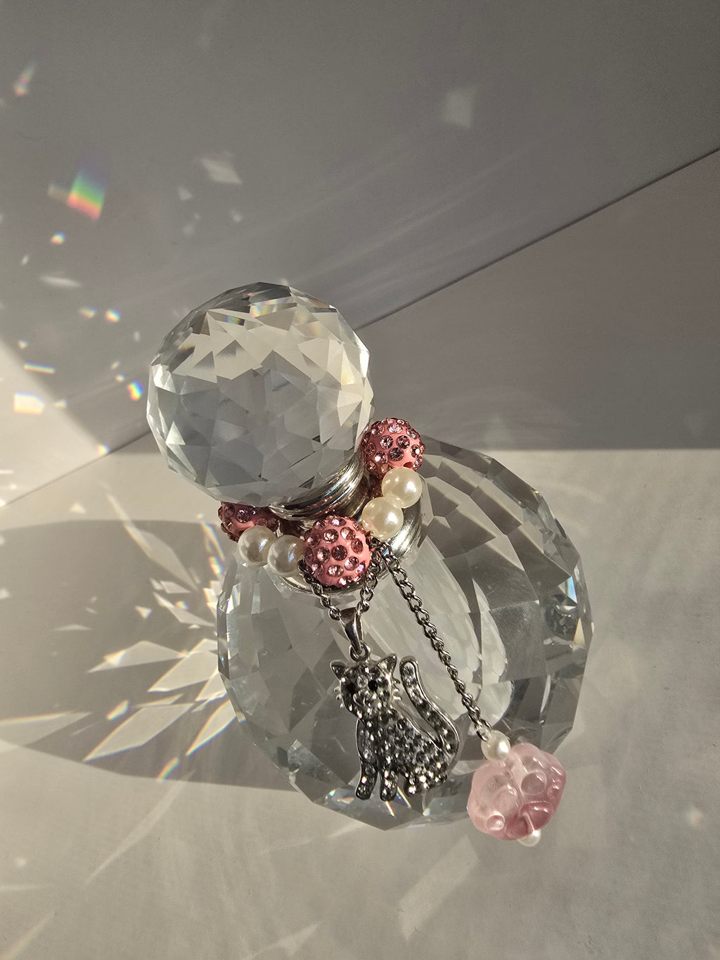 Pink Crystal Cat Memorial Urn with Glitter Kitty Charm